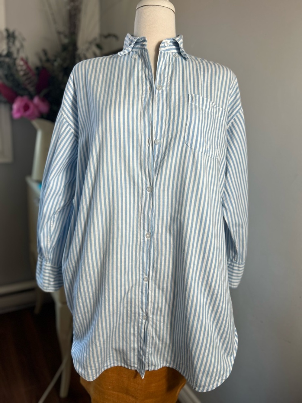 Vintage Hudson's Bay Co Blue White Striped Oversized Cotton Boyfriend Shirt